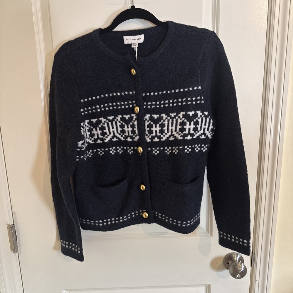 Free Assembly Sweater Cardigan Small Navy Blue Fair Isle Gold Buttons Cozy Soft